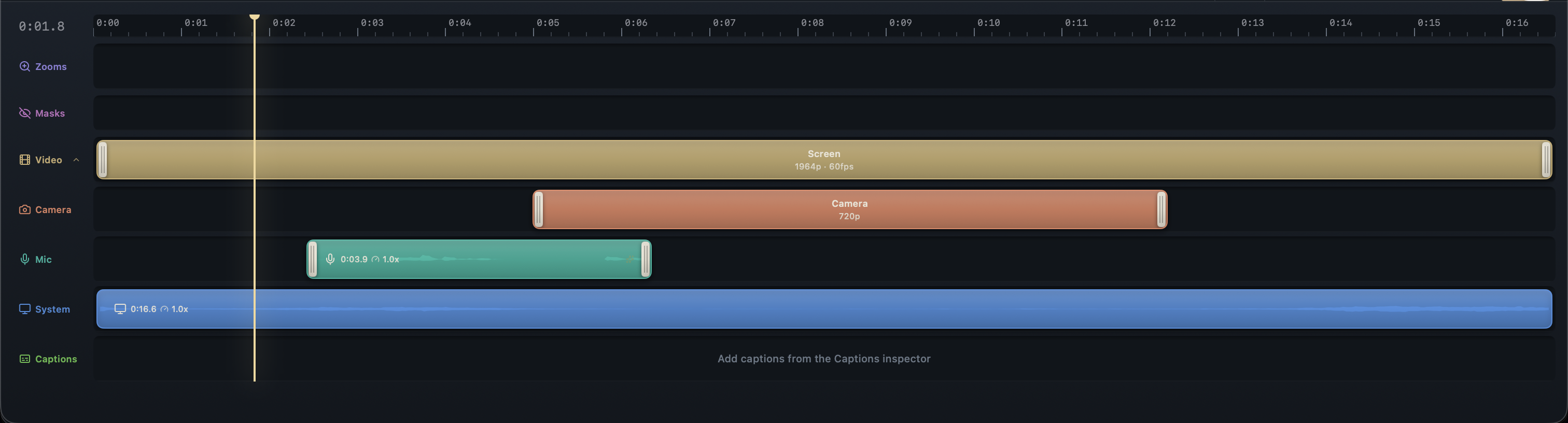 The Actra timeline with separate screen, camera, mic, system audio and caption tracks